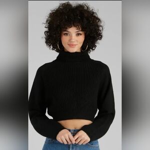 Windsor Black Long Sleeve Ribbed Turtleneck Cropped Sweater Large